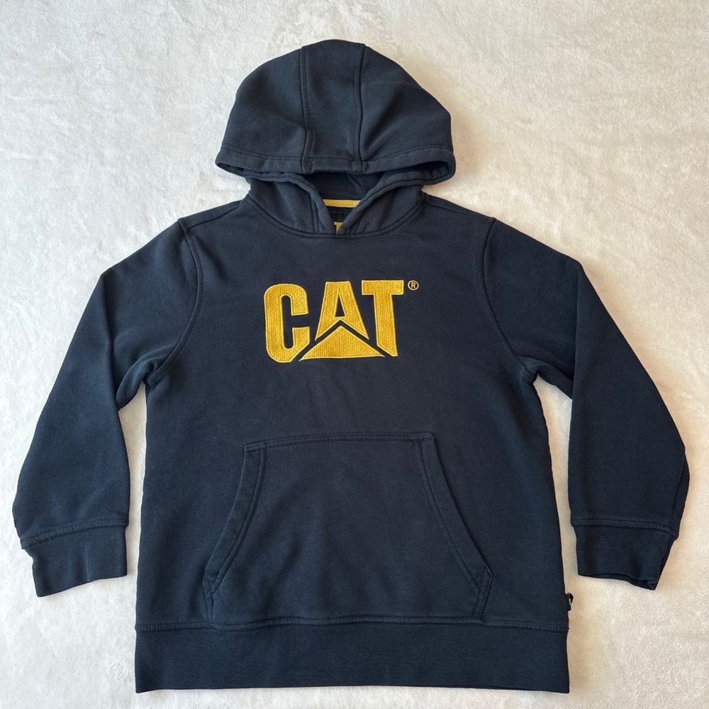 CAT Caterpillar Youth Hoodie Black Yellow Logo Pullover Sweatshirt M/L (10-12)